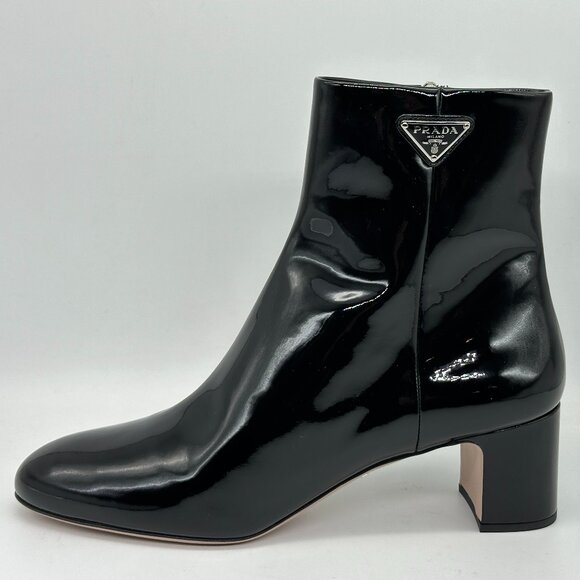 PRADA Triangle Logo Patent Leather Block Heel Ankle Booties Boots Shoes - Picture 2 of 16